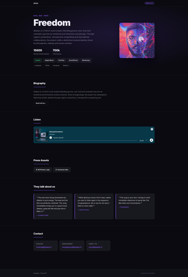 Un EPK ArtistKit publié : page artiste avec bio, stats de streaming, player et citations presse